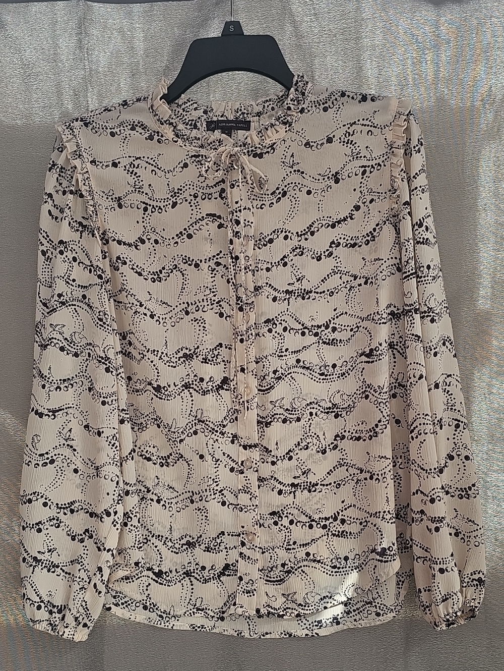 Adrianna Papell Beige and Black Printed Tie-Neck Blouse